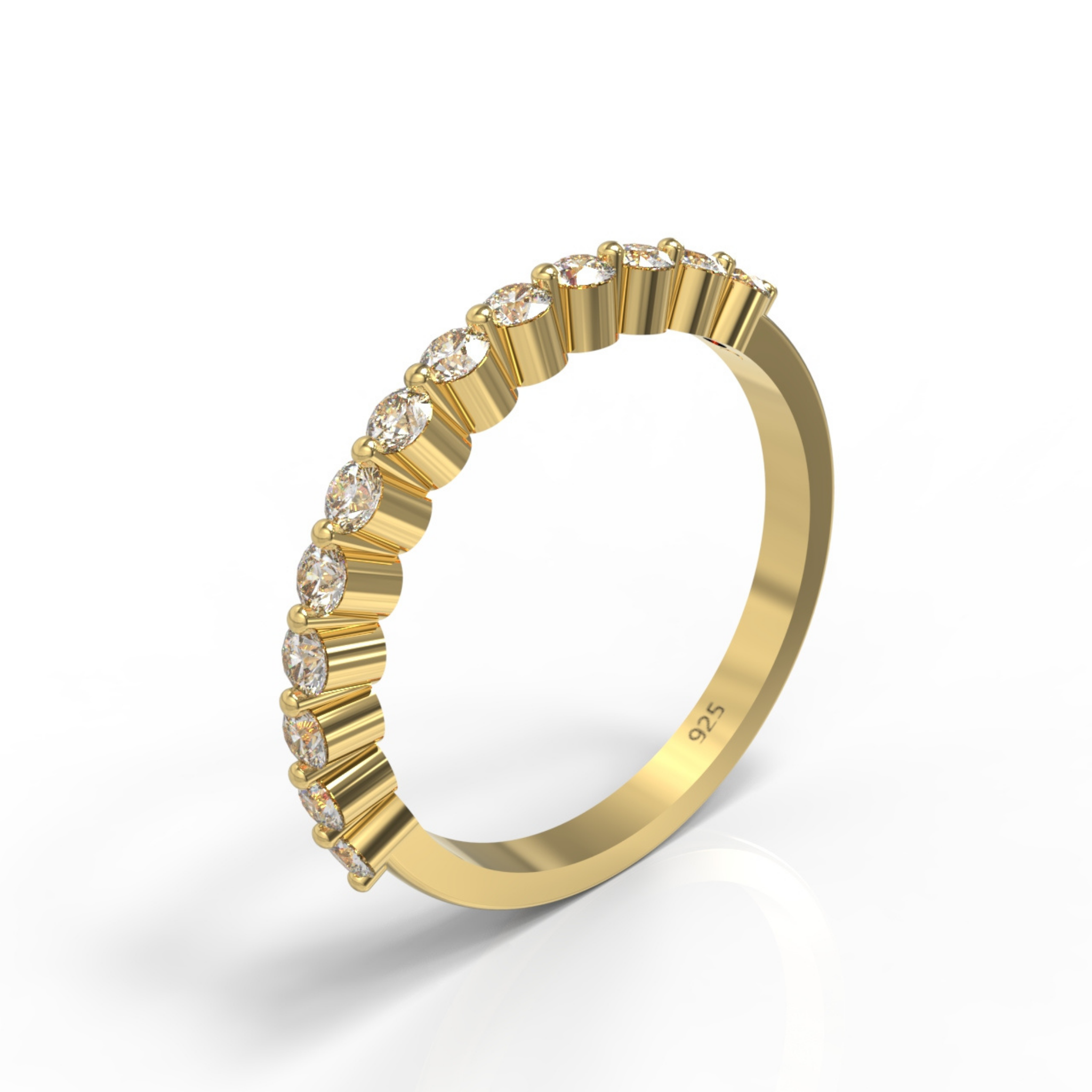 Round Cut Floating Diamond Half Wedding Band, Hallmarked 925 Sterling Silver Yellow Gold